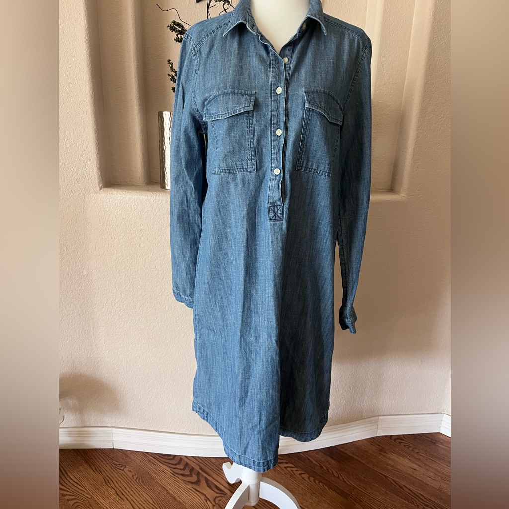Old Navy Chambray Long Sleeve Popover Shirt Dress Womens Size Sm Blue Pockets